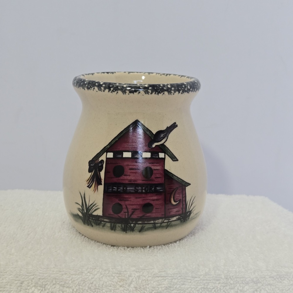 Vtg Stoneware Home and Garden Party Birdhouse Candle Utensil Crock Cottagecore